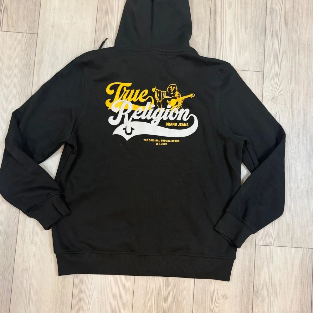 True Religion Mens Old Skool Zip Hoodie Black Fleece Graphic Sweatshirt XL